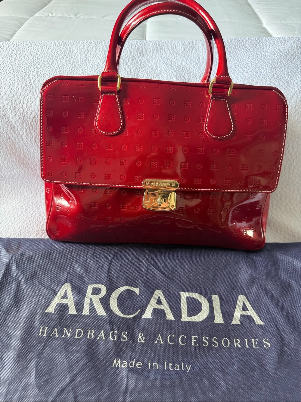 Arcadia Glossy Red Patent Satchel with Gold Hardware